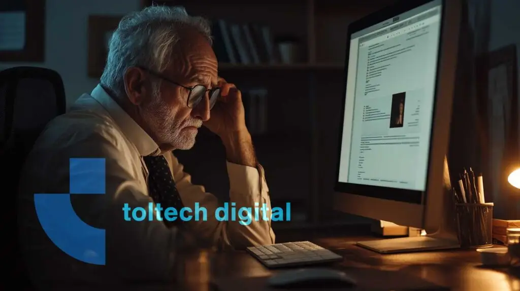 Older Business Owner Stating At Screen. Website Design By Toltech Since 1997 And We'Re Looking For 100 Businesses Who Hate Their Website