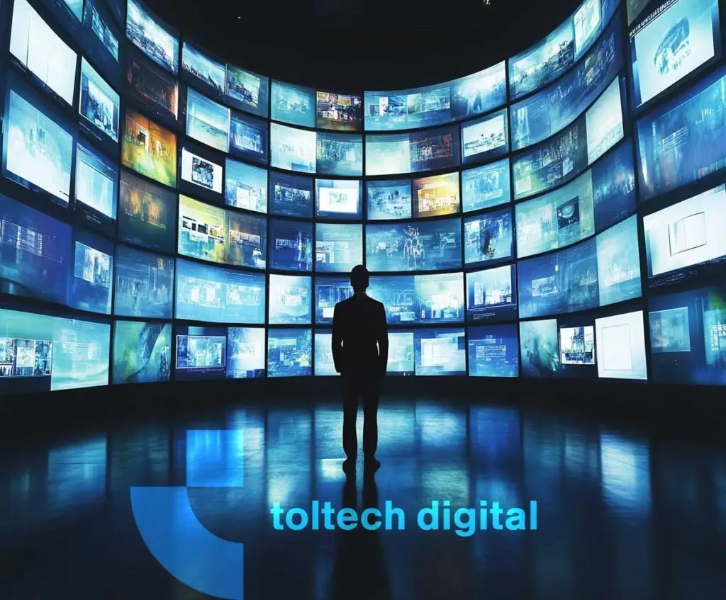 Business person looking at websites on over 50 screens looking confused. Toltech make your business website a business growth tool, not a shiny object to be forgotten about.