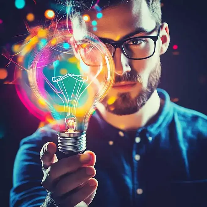 Ai Image Of Man Holding Multicoloured Lightbulb - Toltech Digital Blog On Grant Support For Businesses